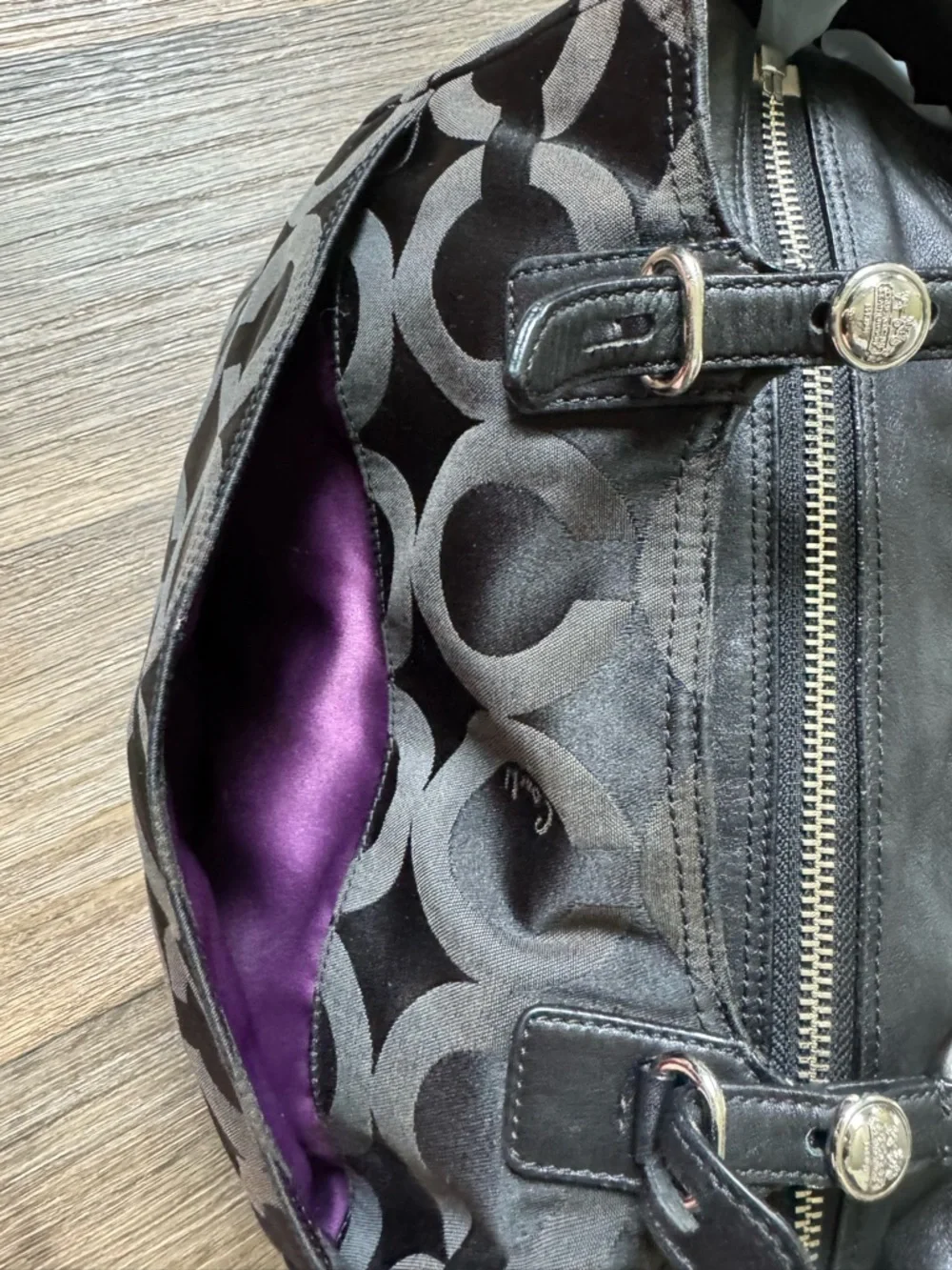 Coach Mia Op Art Signature Logo Large Bag Black/Gray Zip Purple Lining w/ Wallet